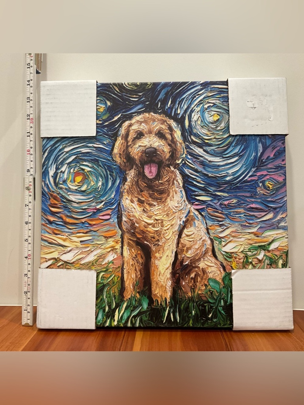 Hand-Painted Golden Dog Wall Art - Blue & Brown Palette